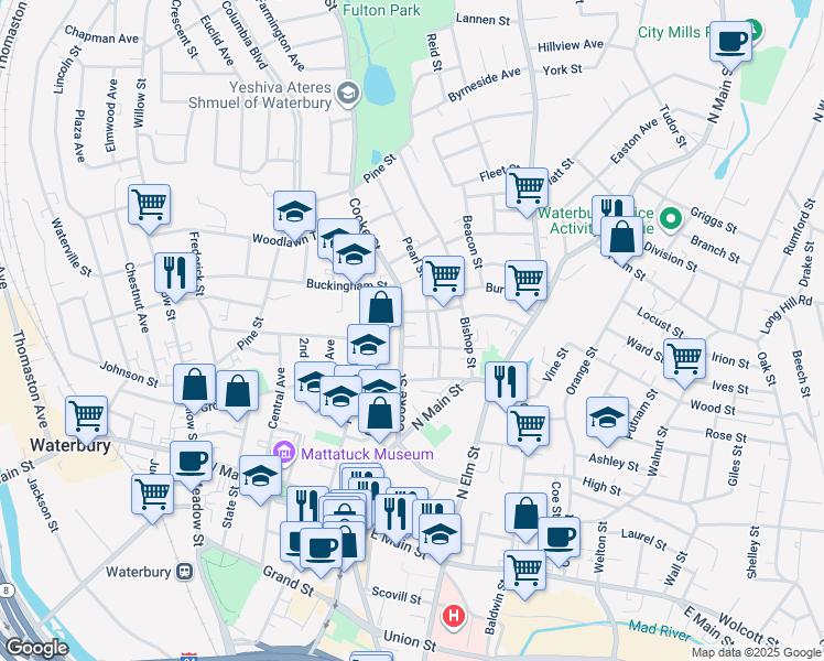 map of restaurants, bars, coffee shops, grocery stores, and more near 49 Bronson Street in Waterbury