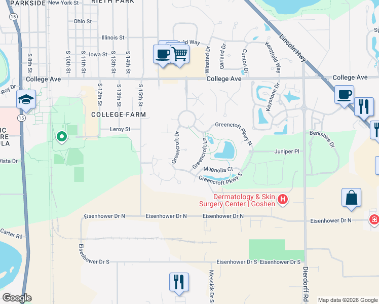 map of restaurants, bars, coffee shops, grocery stores, and more near 1425 Greencroft Drive in Goshen