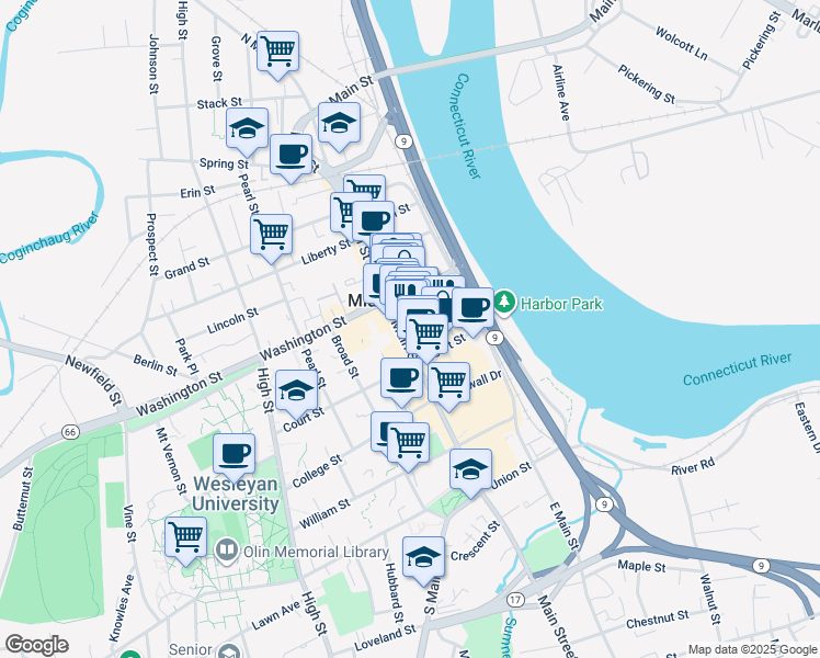 map of restaurants, bars, coffee shops, grocery stores, and more near 398 Main Street in Middletown