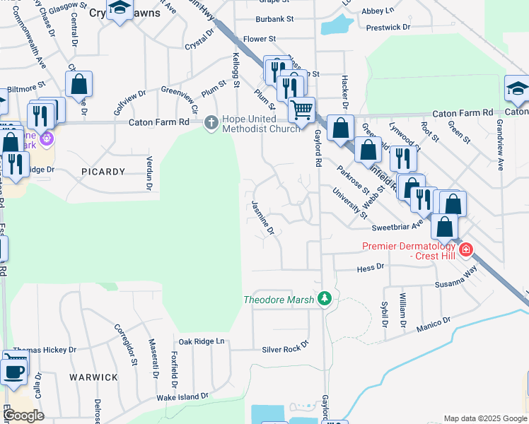 map of restaurants, bars, coffee shops, grocery stores, and more near 2202 Jasmine Drive in Crest Hill