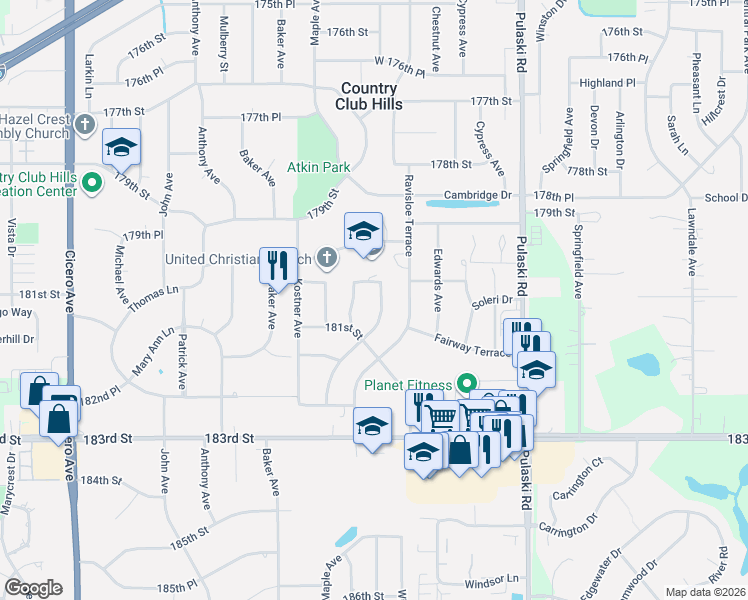 map of restaurants, bars, coffee shops, grocery stores, and more near 18016 Idlewild Drive in Country Club Hills