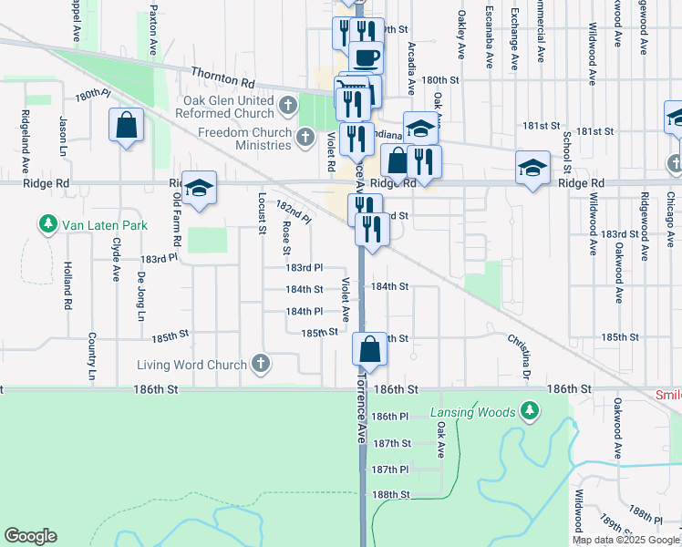 map of restaurants, bars, coffee shops, grocery stores, and more near 2357 183rd Place in Lansing