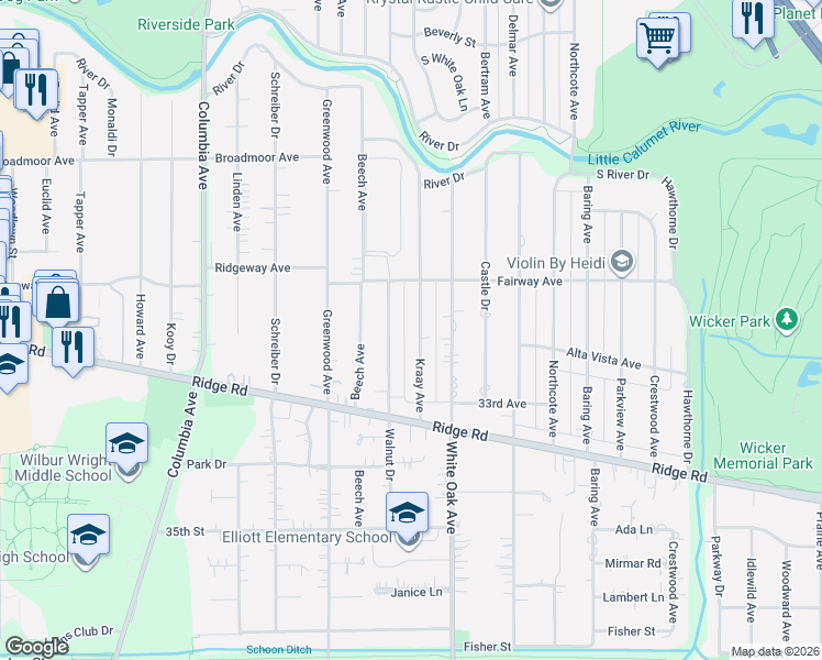 map of restaurants, bars, coffee shops, grocery stores, and more near 8326 Kraay Avenue in Munster