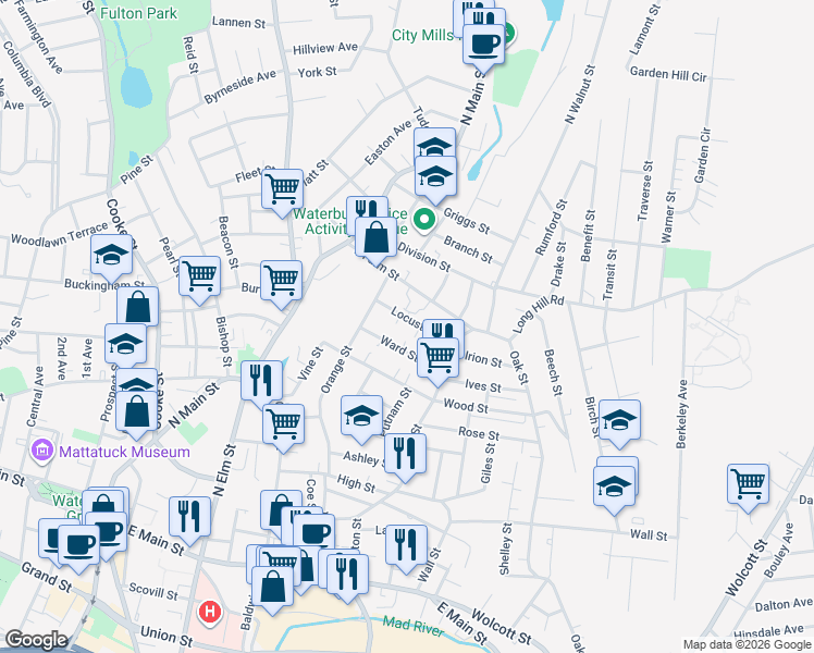 map of restaurants, bars, coffee shops, grocery stores, and more near 116 Locust Street in Waterbury