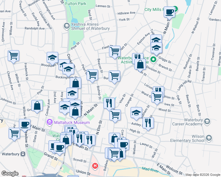 map of restaurants, bars, coffee shops, grocery stores, and more near 48 Elizabeth Street in Waterbury