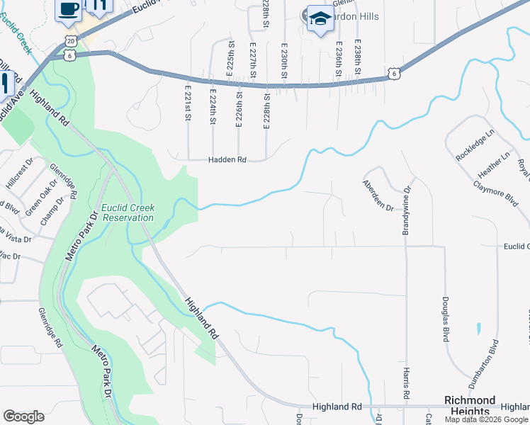 map of restaurants, bars, coffee shops, grocery stores, and more near 22851 Harms Road in Euclid