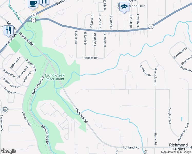 map of restaurants, bars, coffee shops, grocery stores, and more near 22651 Harms Road in Euclid