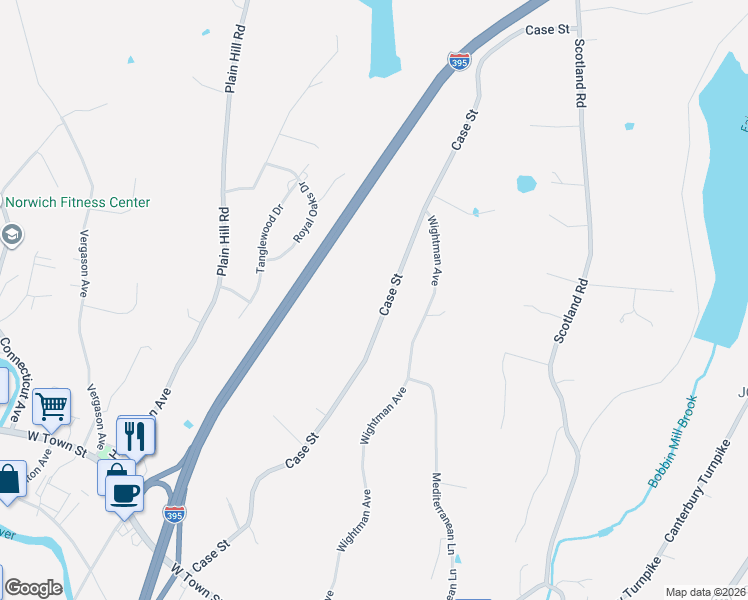 map of restaurants, bars, coffee shops, grocery stores, and more near 124 Case Street in Norwich