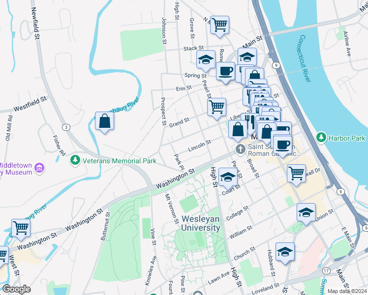 map of restaurants, bars, coffee shops, grocery stores, and more near 167 Liberty Street in Middletown