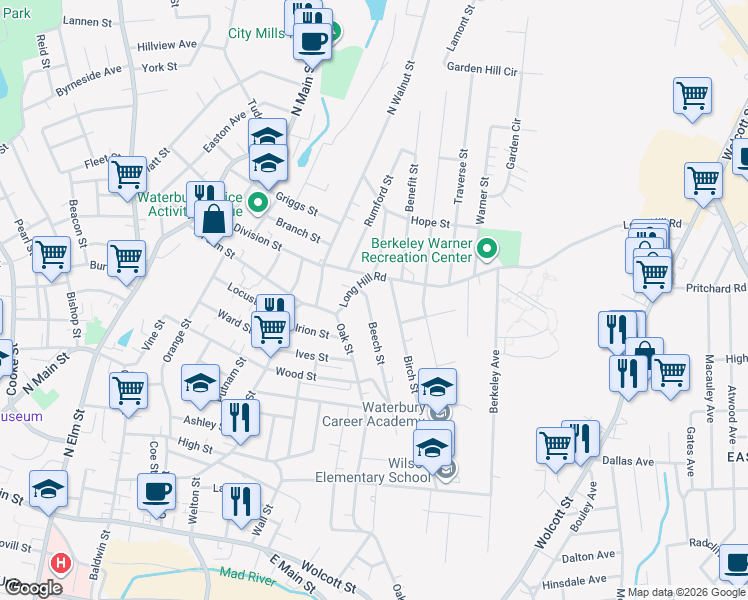 map of restaurants, bars, coffee shops, grocery stores, and more near 92 Long Hill Road in Waterbury