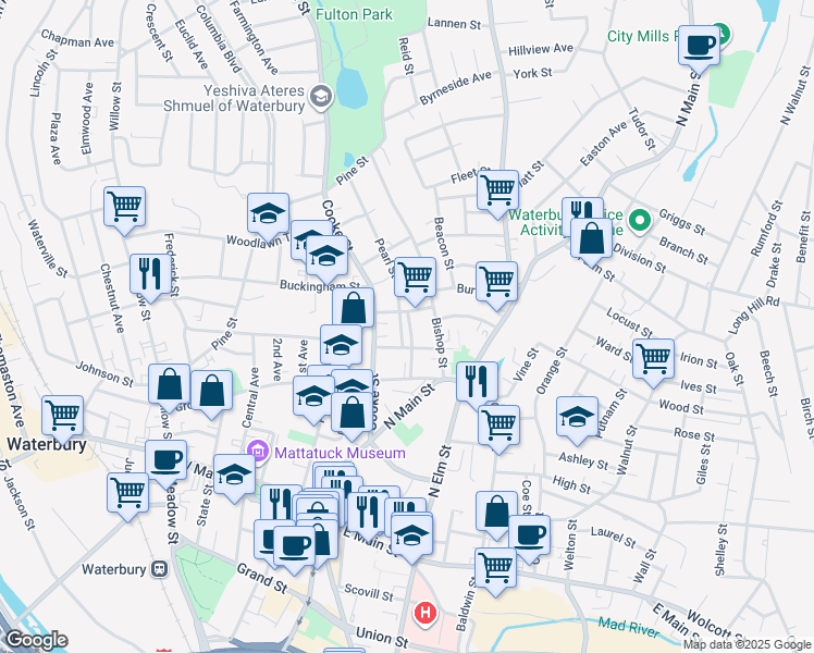 map of restaurants, bars, coffee shops, grocery stores, and more near 49 Bronson Street in Waterbury
