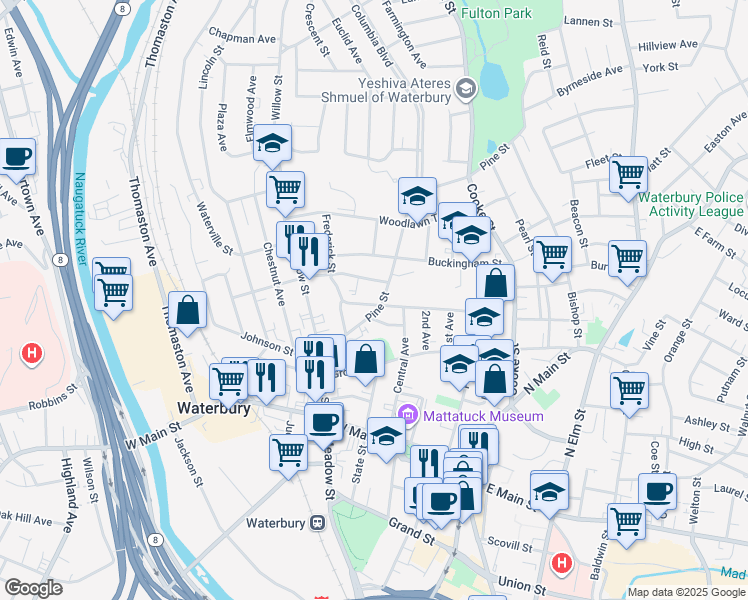 map of restaurants, bars, coffee shops, grocery stores, and more near 96 Pine Street in Waterbury