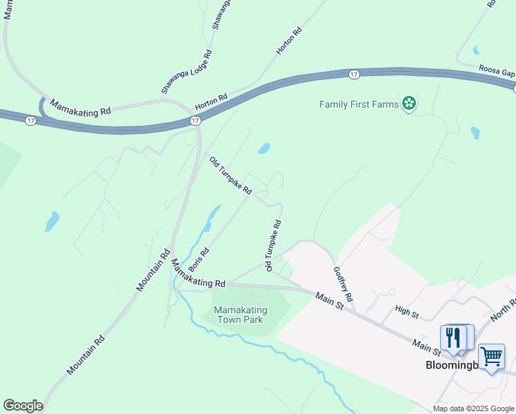map of restaurants, bars, coffee shops, grocery stores, and more near 42 Old Turnpike Road in Bloomingburg