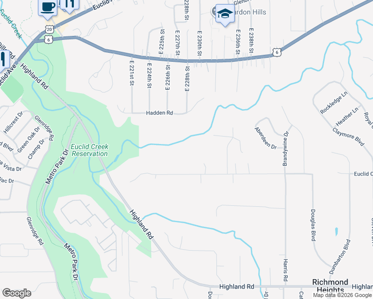 map of restaurants, bars, coffee shops, grocery stores, and more near 22851 Harms Road in Euclid