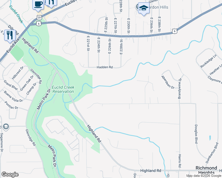 map of restaurants, bars, coffee shops, grocery stores, and more near 22651 Harms Road in Euclid