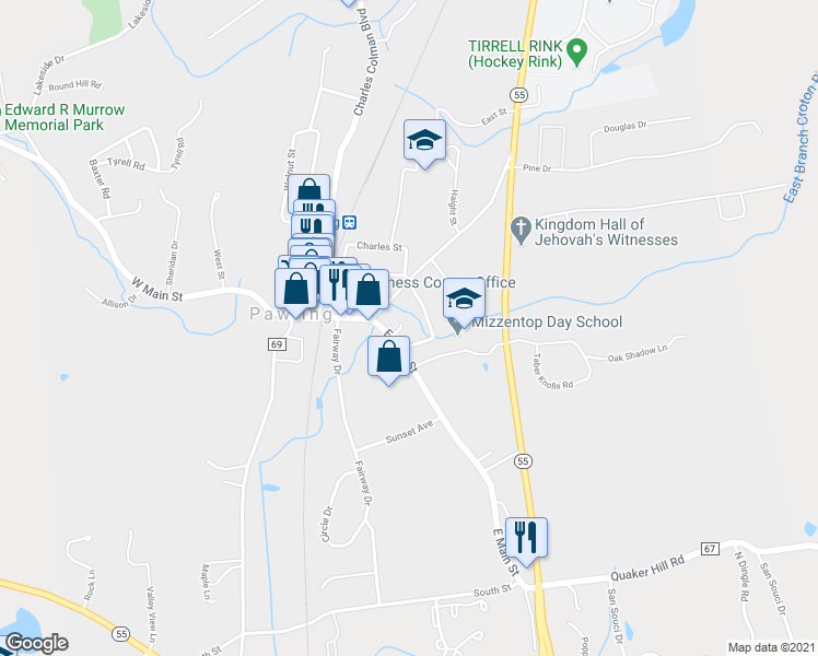 map of restaurants, bars, coffee shops, grocery stores, and more near 10 Liffland Lane in Pawling