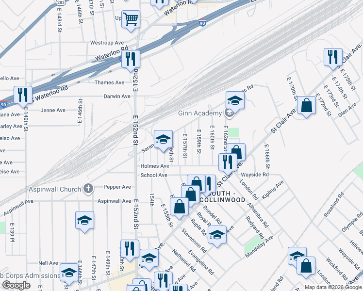 map of restaurants, bars, coffee shops, grocery stores, and more near 690 East 157th Street in Cleveland