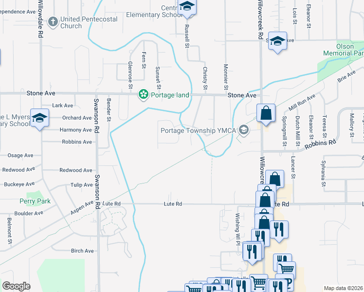 map of restaurants, bars, coffee shops, grocery stores, and more near 5841 Stone Avenue in Portage