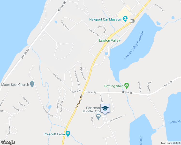 map of restaurants, bars, coffee shops, grocery stores, and more near 9491 West Main Road in Portsmouth