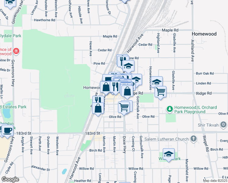 map of restaurants, bars, coffee shops, grocery stores, and more near in Homewood