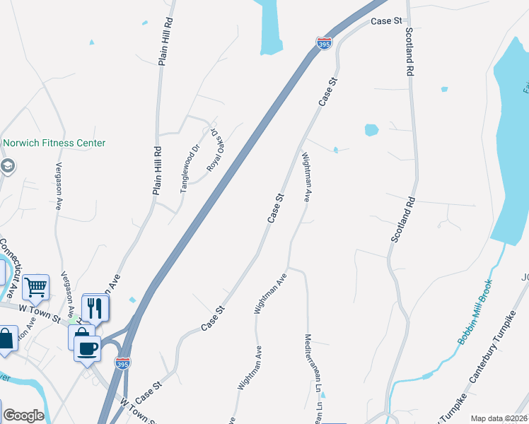 map of restaurants, bars, coffee shops, grocery stores, and more near 124 Case Street in Norwich