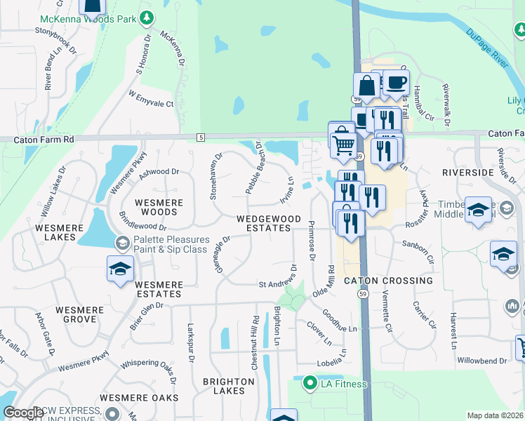 map of restaurants, bars, coffee shops, grocery stores, and more near 2204 Irvine Lane in Plainfield