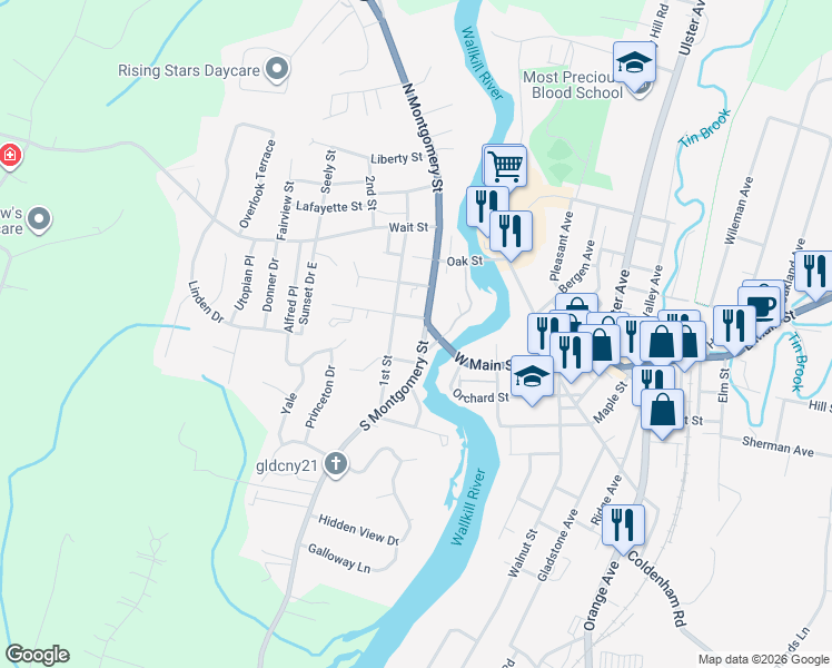 map of restaurants, bars, coffee shops, grocery stores, and more near 50 South Montgomery Street in Walden