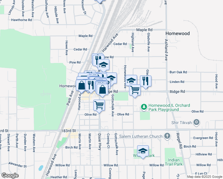 map of restaurants, bars, coffee shops, grocery stores, and more near in Homewood