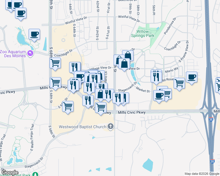 map of restaurants, bars, coffee shops, grocery stores, and more near 575 South 60th Street in West Des Moines