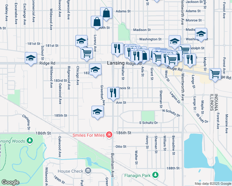 map of restaurants, bars, coffee shops, grocery stores, and more near 18302 Walter Street in Lansing