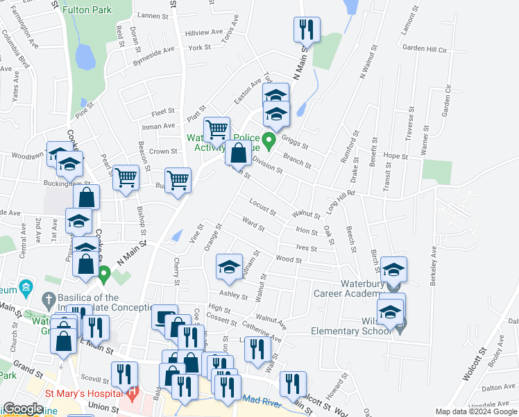 map of restaurants, bars, coffee shops, grocery stores, and more near 118 Locust Street in Waterbury