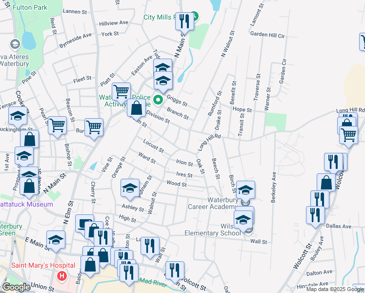 map of restaurants, bars, coffee shops, grocery stores, and more near 353 Walnut Street in Waterbury