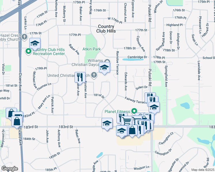 map of restaurants, bars, coffee shops, grocery stores, and more near 18030 Idlewild Drive in Country Club Hills
