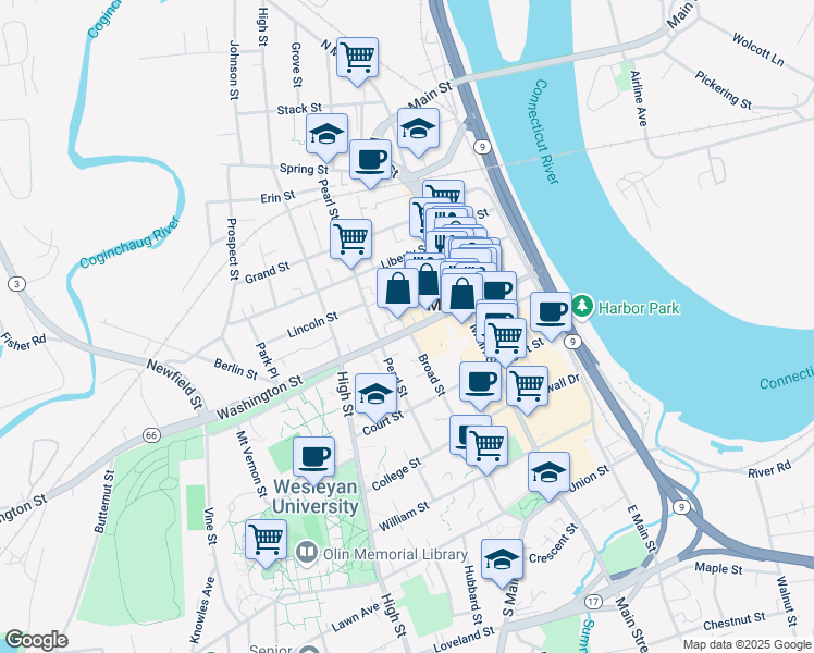map of restaurants, bars, coffee shops, grocery stores, and more near 120 Washington Street in Middletown