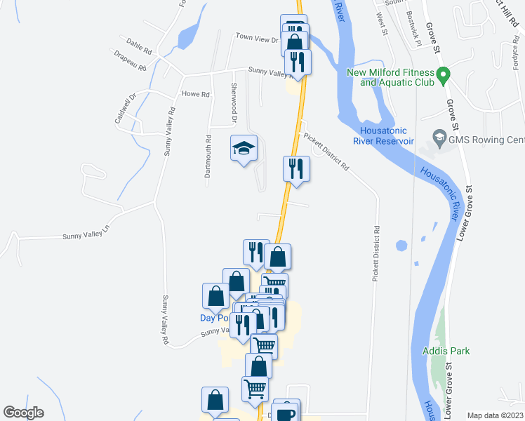 map of restaurants, bars, coffee shops, grocery stores, and more near 90 Danbury Road in New Milford
