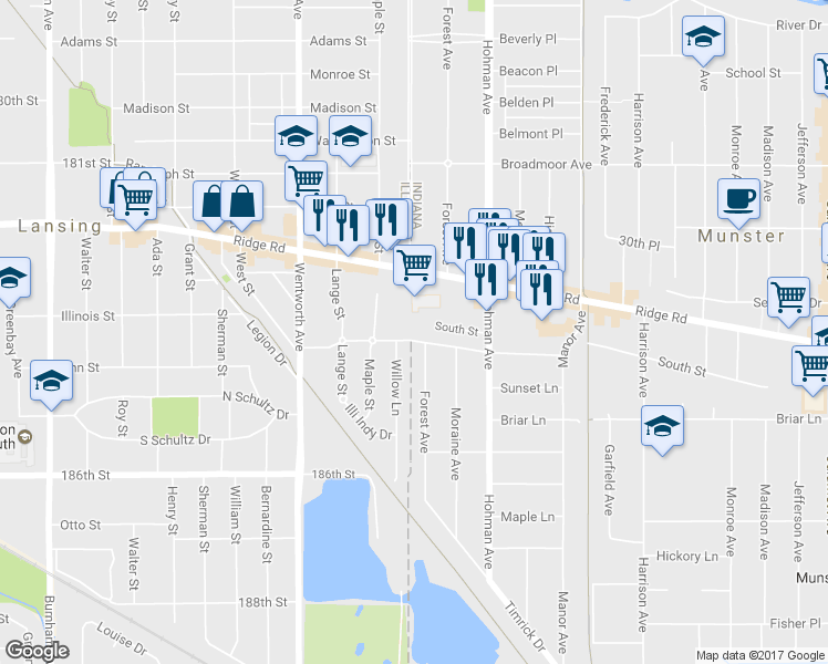 map of restaurants, bars, coffee shops, grocery stores, and more near 7 Terrace Drive in Munster