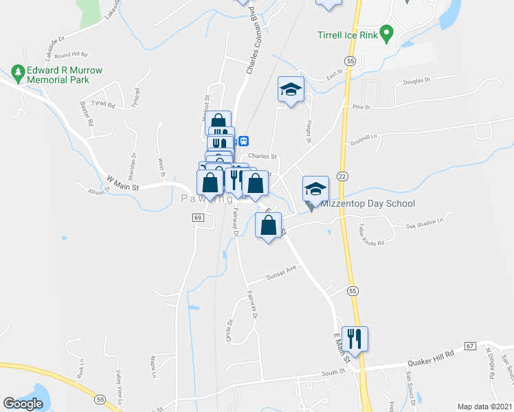 map of restaurants, bars, coffee shops, grocery stores, and more near 33 East Main Street in Pawling