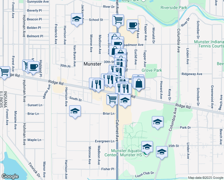 map of restaurants, bars, coffee shops, grocery stores, and more near 740 Seberger Drive in Munster
