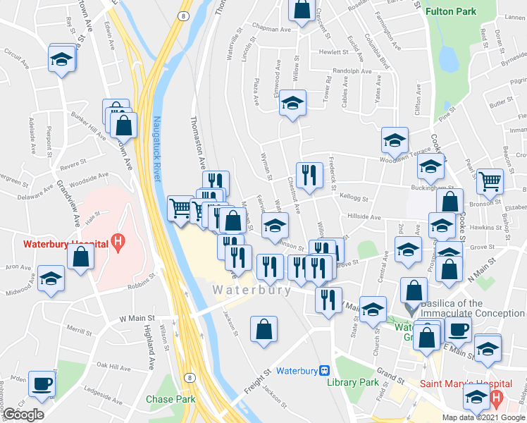 map of restaurants, bars, coffee shops, grocery stores, and more near 49 Fairview Street in Waterbury