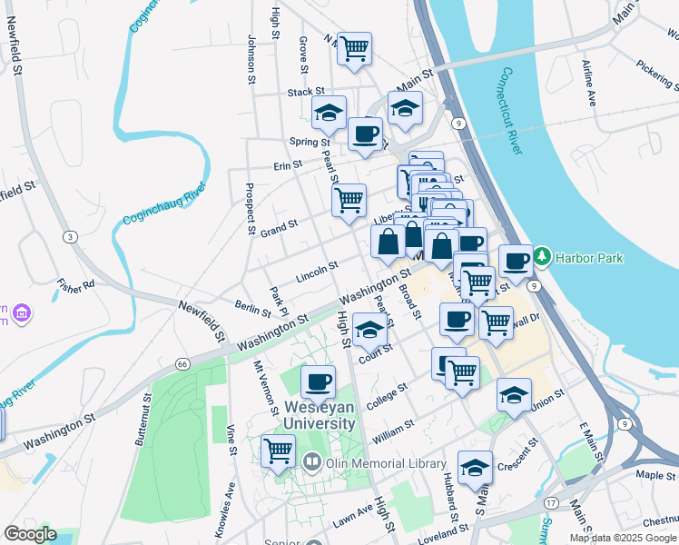 map of restaurants, bars, coffee shops, grocery stores, and more near 99 Lincoln Street in Middletown