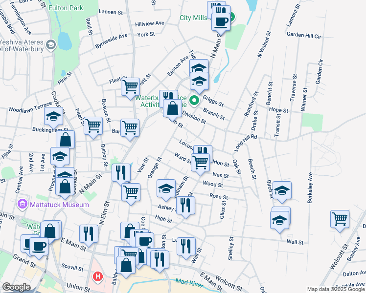 map of restaurants, bars, coffee shops, grocery stores, and more near 101 Locust Street in Waterbury