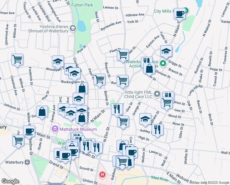map of restaurants, bars, coffee shops, grocery stores, and more near 48 Elizabeth Street in Waterbury