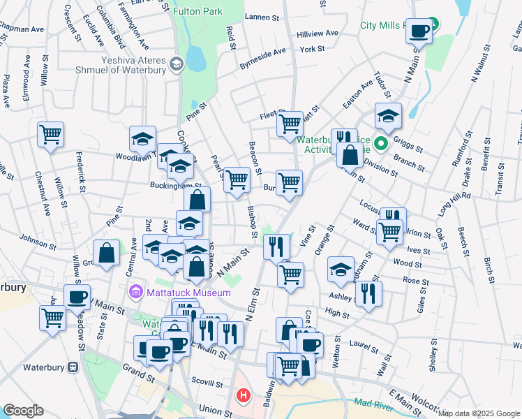 map of restaurants, bars, coffee shops, grocery stores, and more near 48 Elizabeth Street in Waterbury