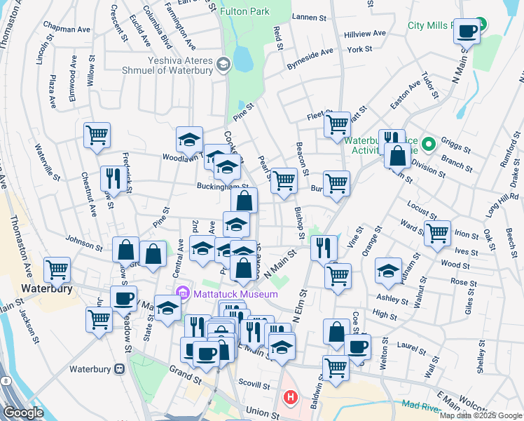 map of restaurants, bars, coffee shops, grocery stores, and more near 49 Bronson Street in Waterbury