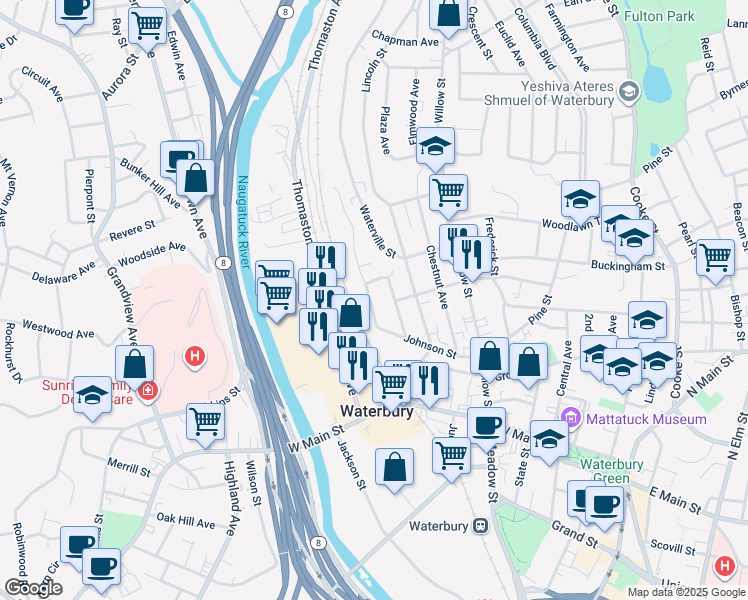 map of restaurants, bars, coffee shops, grocery stores, and more near 46 Manhan Street in Waterbury