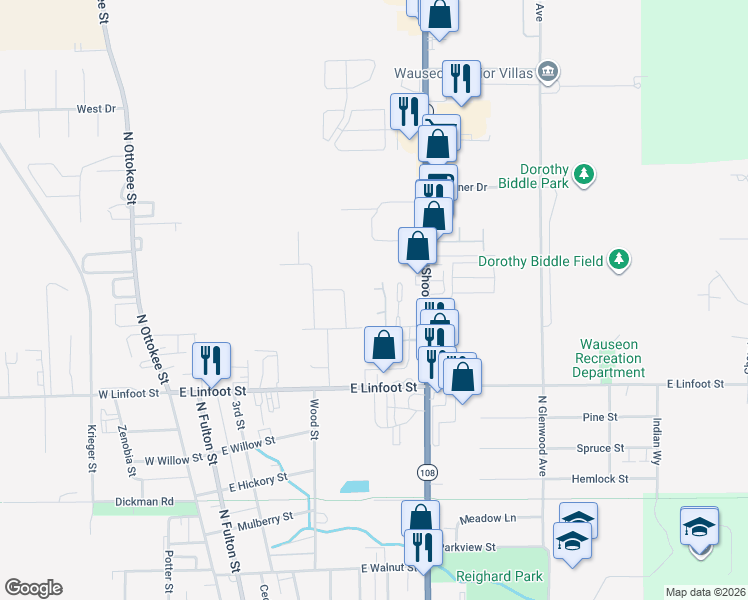 map of restaurants, bars, coffee shops, grocery stores, and more near 415 Cole Street in Wauseon