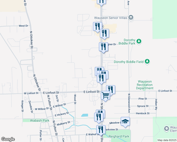 map of restaurants, bars, coffee shops, grocery stores, and more near 415 Cole Street in Wauseon