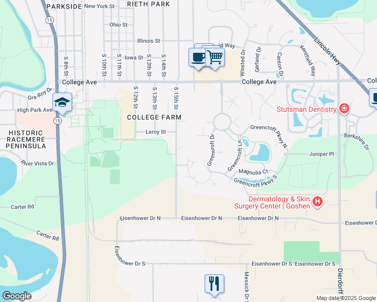 map of restaurants, bars, coffee shops, grocery stores, and more near 1900-1908 South 15th Street in Goshen
