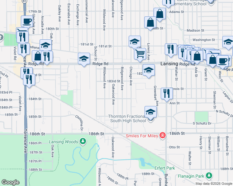 map of restaurants, bars, coffee shops, grocery stores, and more near 18333 Oakwood Avenue in Lansing