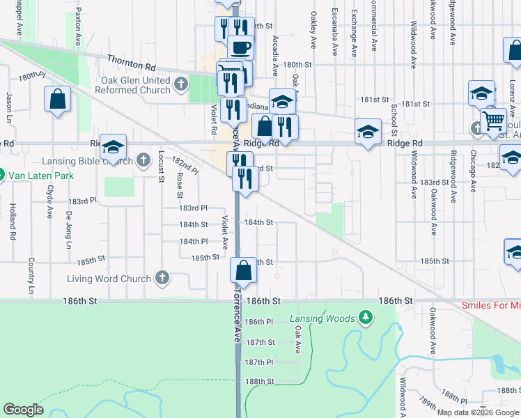 map of restaurants, bars, coffee shops, grocery stores, and more near 18349 Torrence Avenue in Lansing